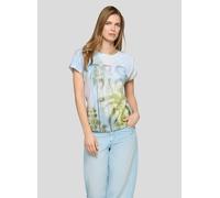 Kurzarmshirt RABE, Damen, Gr. 46, himmelblau, Jersey, Obermaterial: 100% Baumwolle, Glitzermuster, gemustert, normal hüftbedeckend, Rundhals, Aufschlag, Shirts, mit floralem Motiv und Glitzersteinen (
