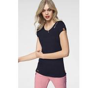 Kurzarmshirt RAGWEAR "MINT STRIPES O", Damen, Gr. XS, blau (navy), Single Jersey, Obermaterial: 97% Baumwolle, 3% Polyester, bedruckt, geringelt, gestreift, kontrastfarbene Details, mehrfarbig, Basic