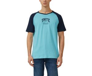 Kurzarmshirt S.OLIVER, Herren, Gr. L, blau (dusty teal), Single Jersey, Obermaterial: 100% Baumwolle, unifarben mit Farbeinsätzen, normal hüftbedeckend, Rundhals, Shirts, im Collage-Stil und mit Print
