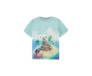 Kurzarmshirt S.OLIVER JUNIOR, Jungen, Gr. 140, light blau, Jersey, Obermaterial: 80% Polyester, 20% Baumwolle, bedruckt, normal hüftbedeckend, Rundhals, abgesteppte Kante, Shirts, Sommershirt für Boys
