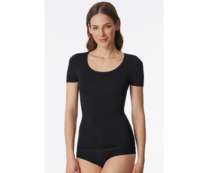 Kurzarmshirt SCHIESSER "Personal Fit", Damen, Gr. L, schwarz, Single Jersey, Obermaterial: 55% Viskose, 25% Polyester, 20% Elasthan, figurbetont hüftbedeckend, tiefer Rundhals, Shirts, Rundhalsausschn