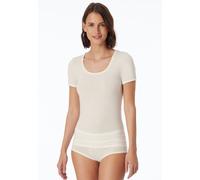 Kurzarmshirt SCHIESSER "Personal Fit", Damen, Gr. XXL, beige (naturweiß), Single Jersey, Obermaterial: 55% Viskose, 25% Polyester, 20% Elasthan, figurbetont hüftbedeckend, tiefer Rundhals, Shirts Kurz