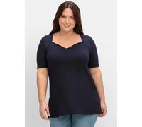 Kurzarmshirt SHEEGO "T-Shirt", Damen, Gr. 40/42, blau (tiefblau), 95% Viskose, 5% Elasthan, unifarben, herzförmiger Ausschnitt, Shirts (82471934-40) tiefblau