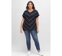 Kurzarmshirt SHEEGO "T-Shirt", Damen, Gr. 40, blau (nachtblau, weiß), 95% Viskose, 5% Elasthan, gemustert, mehrfarbig, gestreift, V-Ausschnitt, Kurzarm, Shirts (60272845-40) nachtblau, weiß