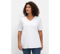 Kurzarmshirt SHEEGO "T-Shirt", Damen, Gr. 44/46, weiß, 50% Baumwolle, 50% Modal, unifarben, V-Ausschnitt, Shirts (18231556-44) weiß