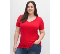 Kurzarmshirt SHEEGO "T-Shirt", Damen, Gr. 44, schwarz (schwarz, mohnrot), 100% Baumwolle, unifarben, V-Ausschnitt, Shirts (19358639-44) schwarz, mohnrot