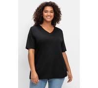 Kurzarmshirt SHEEGO "T-Shirt", Damen, Gr. 48/50, schwarz, 50% Baumwolle, 50% Modal, unifarben, V-Ausschnitt, Shirts (91483160-48) schwarz