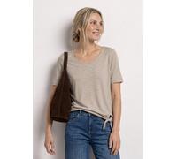 Kurzarmshirt STREET ONE, Damen, Gr. 36, beige (clay sand), Jersey, Obermaterial: 95% Viskose, 5% Elasthan, unifarben, normal hüftbedeckend, V-Ausschnitt, abgesteppte Kante, Shirts, Sommershirt mit Kno