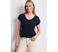 Kurzarmshirt STREET ONE, Damen, Gr. 36, blau (tiefblau), Jersey, Obermaterial: 50% Baumwolle, 50% Modal, unifarben, lässig geschnitten hüftbedeckend, V-Ausschnitt, abgesteppte Kante, Shirts, Sommershi