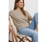 Kurzarmshirt STREET ONE, Damen, Gr. 38, beige (clay sand), Jersey, Obermaterial: 53% Polyester, 29% Viskose, 10% metallisierte Fasern, 8% Polyamid, Glitzermuster, unifarben, lässig geschnitten hüftbed