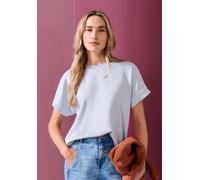 Kurzarmshirt STREET ONE, Damen, Gr. 38, blau (whispery blau), Jersey, Obermaterial: 46% Modal, 46% Polyester, 8% Elasthan, unifarben, bequem hüftbedeckend, Rundhals, Aufschlag, Shirts, Sommershirt im