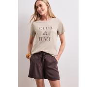 Kurzarmshirt STREET ONE, Damen, Gr. 40, beige (clay sand), Jersey, Obermaterial: 50% Baumwolle, 50% Modal, bedruckt, normal hüftbedeckend, Rundhals, abgesteppte Kante, Shirts, Sommershirt mit Artwork