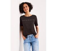 Kurzarmshirt STREET ONE, Damen, Gr. 40, schwarz (espresso braun), Jersey, Obermaterial: 50% Baumwolle, 50% Modal, bestickt, unifarben, normal hüftbedeckend, Rundhals, Shirts, Sommershirt mit Rundhals