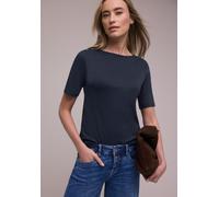 Kurzarmshirt STREET ONE, Damen, Gr. 40, shadowed navy, Jersey, Obermaterial: 50% Baumwolle, 50% Modal, unifarben, lässig geschnitten hüftbedeckend, U-Boot-Ausschnitt, abgesteppte Kante, Shirts, mit Kn