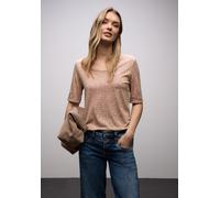 Kurzarmshirt STREET ONE, Damen, Gr. 42, light apricot, Jersey, Obermaterial: 50% Baumwolle, 50% Modal, tailliert hüftbedeckend, V-Ausschnitt, Shirts, mit Leo-Print (27157337-42) light apricot