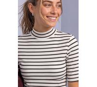 Kurzarmshirt STREET ONE, Damen, Gr. 42, schwarz-weiß (schwarz coffee mel), Rippware, Obermaterial: 95% Baumwolle, 5% Elasthan, gestreift, körpernah hüftbedeckend, Rundhals, abgesteppte Kante, Shirts,