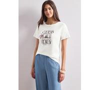 Kurzarmshirt STREET ONE, Damen, Gr. 42, weiß (sanftes weiß), Jersey, Obermaterial: 50% Baumwolle, 50% Modal, bedruckt, normal hüftbedeckend, Rundhals, abgesteppte Kante, Shirts, Sommershirt mit Artwor