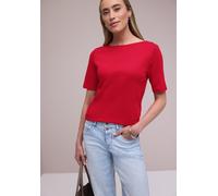 Kurzarmshirt STREET ONE, Damen, Gr. 44, salsa rot, Jersey, Obermaterial: 50% Baumwolle, 50% Modal, unifarben, lässig geschnitten hüftbedeckend, U-Boot-Ausschnitt, abgesteppte Kante, Shirts, mit Knopfd