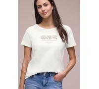 Kurzarmshirt STREET ONE, Damen, Gr. 46, weiß (sanftes weiß), Jersey, Obermaterial: 100% Baumwolle, bedruckt, normal hüftbedeckend, Rundhals, abgesteppte Kante, Shirts, Sommershirt mit Print (58603058-