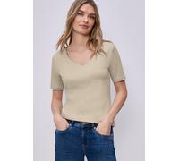 Kurzarmshirt STREET ONE "Style Ada", Damen, Gr. 40, cotton beige, Jersey, Obermaterial: 50% Baumwolle, 50% Modal. Futter: 100% Baumwolle, unifarben, normal hüftbedeckend, herzförmiger Ausschnitt, Shir