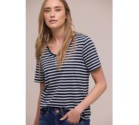Kurzarmshirt STREET ONE "Style Gerda", Damen, Gr. 44, shadowed navy, Jersey, Obermaterial: 50% Baumwolle, 50% Modal, geringelt, gestreift, normal hüftbedeckend, Rundhals, Shirts, im Streifen-Look und