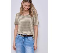 Kurzarmshirt STREET ONE "Style Gerda", Damen, Gr. 46, safari beige, Jersey, Obermaterial: 50% Baumwolle, 50% Modal, geringelt, gestreift, normal hüftbedeckend, Rundhals, Shirts, im Streifen-Look und m