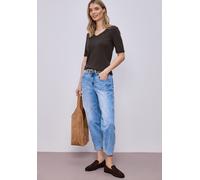 Kurzarmshirt STREET ONE "Style Palmira", Damen, Gr. 38, espresso braun, Jersey, Obermaterial: 50% Baumwolle, 50% Modal. Futter: 100% Baumwolle, unifarben, slim fit hüftlang, tiefer Rundhals, abgestepp