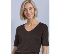 Kurzarmshirt STREET ONE "Style Palmira", Damen, Gr. 40, braun (schwarz coffee), Jersey, Obermaterial: 50% Baumwolle, 50% Modal. Futter: 100% Baumwolle, slim fit hüftlang, tiefer Rundhals, abgesteppt,