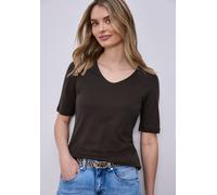 Kurzarmshirt STREET ONE "Style Palmira", Damen, Gr. 46, braun (espresso braun), Jersey, Obermaterial: 50% Baumwolle, 50% Modal. Futter: 100% Baumwolle, unifarben, slim fit hüftlang, tiefer Rundhals, a