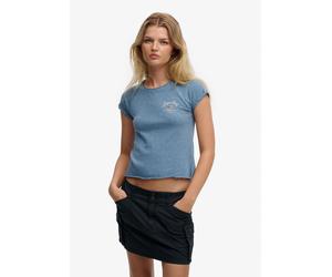 Kurzarmshirt SUPERDRY "ATH ESS SLUB GRAPHIC TEE", Damen, Gr. S, blau (tidal blau), Single Jersey, Obermaterial: 100% Baumwolle, bedruckt, skinny fit kurz, Rundhals, Shirts, Baumwolle, skinny fit (5379