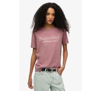 Kurzarmshirt SUPERDRY "VENUE METALLIC RELAXED TEE", Damen, Gr. L, lila (grape shake lila), Single Jersey, Obermaterial: 100% Baumwolle, bedruckt, relaxed fit normal, Rundhals, Shirts Kurzarmshirt (412