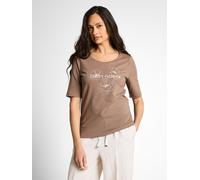 Kurzarmshirt TOM TAILOR, Damen, Gr. XL, taupe grau, Single Jersey, Obermaterial: 95% Baumwolle, 5% Elasthan, bedruckt, regular fit hüftbedeckend, tiefer Rundhals, Shirts, Sommershirt mit Frontprint (1