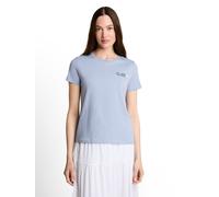 Kurzarmshirt TOM TAILOR DENIM, Damen, Gr. XXL, foggy sky, Jersey, Obermaterial: 100% Baumwolle, bestickt, normal hüftbedeckend, Rundhals, abgesteppte Kante, Shirts, Sommershirt mit Stickerei (62614109
