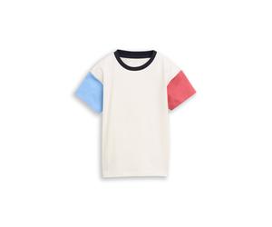 Kurzarmshirt TOM TAILOR, Jungen, Gr. 116/122, wool weiß, Single Jersey, Obermaterial: 100% Baumwolle, oversize hüftbedeckend, Rundhals, abgesteppte Kante, Shirts, Sommershirt im Colorblocking-Look / f