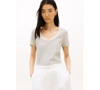 Kurzarmshirt TOMMY HILFIGER "CO LINEN SCOOP NK SS TEE", Damen, Gr. M (40), small brt stp calico, schwarz, Single Jersey, Obermaterial: 50% Baumwolle, 50% Leinen, gestreift, figurbetont normal, U-Boot-