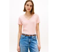 Kurzarmshirt TOMMY HILFIGER "CO LINEN V-NECK SHORT SLEEVE TEE", Damen, Gr. L (42/44), soft rose, Single Jersey, Obermaterial: 50% Baumwolle, 50% Leinen, unifarben, regular fit normal, V-Ausschnitt, ab