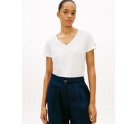 Kurzarmshirt TOMMY HILFIGER "CO LINEN V-NECK SHORT SLEEVE TEE", Damen, Gr. M (40), ecru, Single Jersey, Obermaterial: 50% Baumwolle, 50% Leinen, unifarben, regular fit normal, V-Ausschnitt, abgesteppt