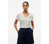 Kurzarmshirt TOMMY HILFIGER "CO LINEN V-NECK SHORT SLEEVE TEE", Damen, Gr. XL (46), small brt stp calico, schwarz, Single Jersey, Obermaterial: 50% Baumwolle, 50% Leinen, gestreift, regular fit normal