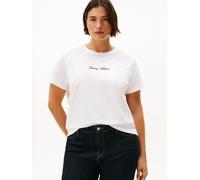 Kurzarmshirt TOMMY HILFIGER CURVE "CRV CLASSIC SCRIPT REG SS TEE", Damen, Gr. 46, beige (ecru), Single Jersey, Obermaterial: 100% Baumwolle, bedruckt, Rundhals, Shirts Kurzarmshirt, in großen Größen (