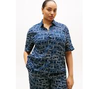 Kurzarmshirt TOMMY HILFIGER CURVE "CRV ESS LINEN SHIRT WITH SS", Damen, Gr. 50, flag feathers schwarz night navy, Single Jersey, Obermaterial: 100% Leinen, bedruckt, regular fit normal, ohne Ausschnit