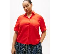 Kurzarmshirt TOMMY HILFIGER CURVE "CRV ESS LINEN SHIRT WITH SS", Damen, Gr. 50, rot (fireworks), Single Jersey, Obermaterial: 100% Leinen, bedruckt, regular fit normal, ohne Ausschnitt, Shirts, in gro