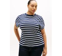 Kurzarmshirt TOMMY HILFIGER CURVE "CRV GOLD BUTTON SS TEE", Damen, Gr. 46, beige (schwarz night navy, ivory silk stp), Single Jersey, Obermaterial: 100% Baumwolle, gestreift, Rundhals, Shirts, in groß