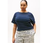 Kurzarmshirt TOMMY HILFIGER CURVE "CRV MDRN CODY CAP SLV C-NK TEE", Damen, Gr. 50, blau (breton stripe schwarz night, ecru), Single Jersey, Obermaterial: 100% Baumwolle, gestreift, normal, U-Boot-Auss