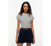 Kurzarmshirt TOMMY HILFIGER "GOLD BTN CAP-SLV BOAT-NK TEE", Damen, Gr. L (42/44), breton stp calico, schwarz night navy, Single Jersey, Obermaterial: 100% Baumwolle, gestreift, regular fit normal, U-B