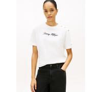 Kurzarmshirt TOMMY HILFIGER "GOLD BTN SCRIPT MDRN SS TEE", Damen, Gr. M (38), ecru, Single Jersey, Obermaterial: 100% Baumwolle, bedruckt, regular fit, Rundhals, Shirts, mit goldfarbenen Knöpfen (2097
