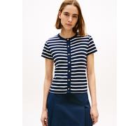 Kurzarmshirt TOMMY HILFIGER "GOLD BUTTON SLIM SS TEE", Damen, Gr. S (36/38), breton stripe schwarz night, ecru, Single Jersey, Obermaterial: 100% Baumwolle, gestreift, slim fit, Shirts (74532664-S) br