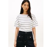 Kurzarmshirt TOMMY HILFIGER "MDRN CODY SS SLV C-NK TEE", Damen, Gr. L (42/44), fine stp ecu, schwarz night navy, Single Jersey, Obermaterial: 100% Baumwolle, gestreift, gerade, Rundhals, Shirts, mit d