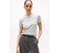 Tommy Hilfiger Damen T-Shirt Kurzarm Logo Rundhalsausschnitt, Grau (Mid Grey Heather), L