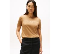 T-Shirt TOMMY HILFIGER "REG CORP LOGO C-NK SS", Damen, Gr. S (36), braun (hickory), Jersey, Obermaterial: 100% Baumwolle, unifarben, casual, normal hüftlang, Rundhals, Kurzarm eingesetzt abgesteppte K