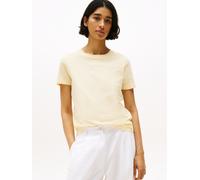 Kurzarmshirt TOMMY HILFIGER "REG CORP LOGO C-NK mit Logoschriftzug und Stickerei", Damen, Gr. S (36), frozen custard, Jersey, Obermaterial: 100% Baumwolle, bedruckt, unifarben, normal hüftlang, Rundha